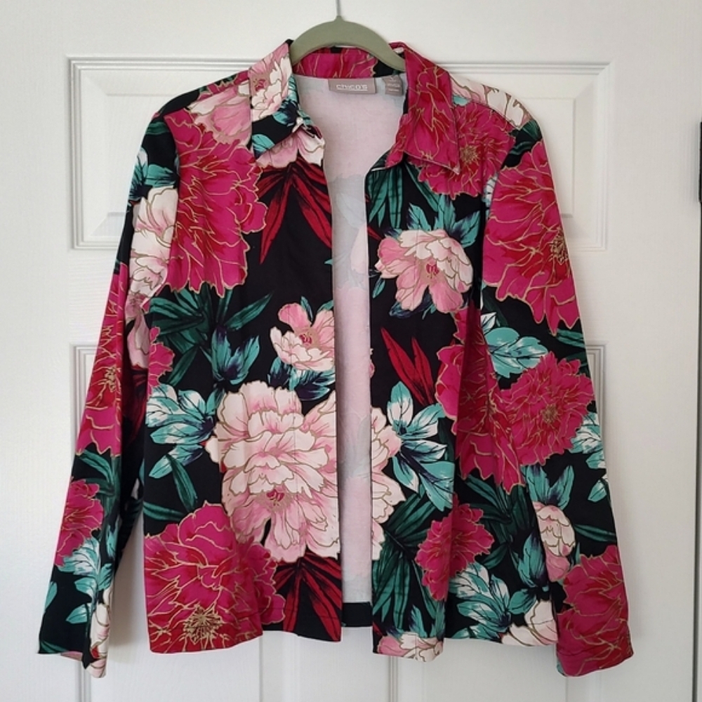 Chico's Floral Blazer Jacket Vibrant Mums Cotton Stretch Size M